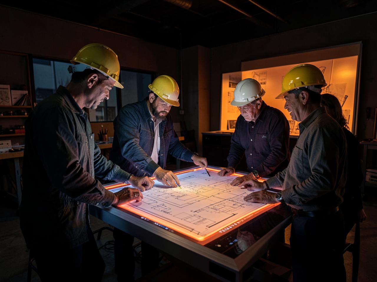 Preconstruction team reviewing drywall assemblies on a lit plan table