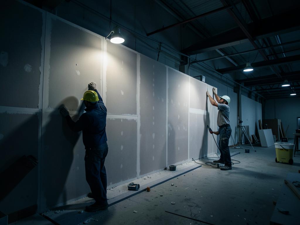 Crew hanging gypsum board on a commercial project